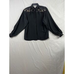 Angela Tong Blouse Women 10 Black Silk Beaded Floral Embroidered WesternTop